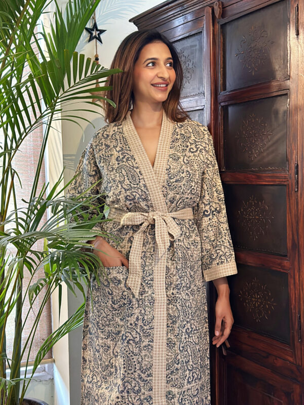 Pure Waffle Cotton Handprinted House Bath Dress Robe Summer Kimono | Floral Spa Beach Coverup | Spring Pink Paisley Navy Green Mughal Dream