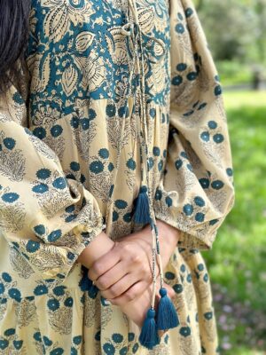 Pure Cotton Maxi Dress Indian Block Bagru Print Summer Earthy Nature Goddess Comfy Daywear Boho Beach Outfit | Beige Teal Blue Floral - Image 2
