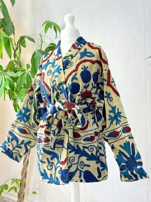 Velvet Suzani Artisan Hand Embroidered Hip Front Open Jacket | Spring Elegant Boho Gypsy | Luxury Special Gift | Pastel Beige Teal Navy - Image 2