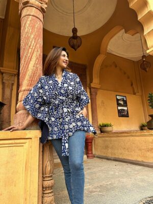 Velvet Short Hip Length Waterfall Cape Jacket Spring Boho Special Love Gift | Elegant Navy White Lotus Wave | Cruise Urban Dinner Style Coat - Image 2