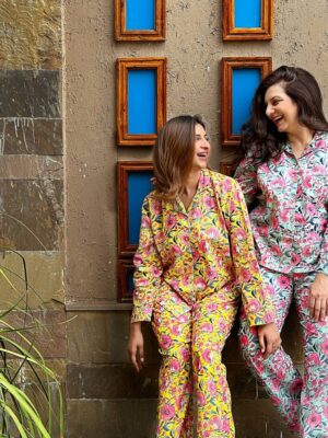 Luxury Hand Printed Indian Blockprint Pure High Quality Cotton Floral Besties BFF Pyjama Set Happy Girls Bridesmaid | Aqua Sunshine Pink - Image 2