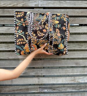 Quilted Velvet Cotton Reversible Oversize Tote Bag Beach Weekender Eco friendly Sturdy Grocery Shop Boho Summer Black Green Orange Floral - Image 3