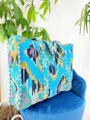 Quilted Velvet Cotton Reversible Oversize Tote Bag Beach Weekender Eco friendly Sturdy Grocery Shop Boho Summer Turquoise Blue Mustard Green - Image 2