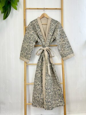 Pure Waffle Cotton Handprinted House Bath Dress Robe Summer Kimono | Floral Spa Beach Coverup | Spring Pink Paisley Navy Green Mughal Dream - Image 3