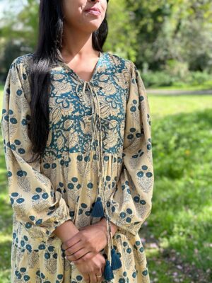 Pure Cotton Maxi Dress Indian Block Bagru Print Summer Earthy Nature Goddess Comfy Daywear Boho Beach Outfit | Beige Teal Blue Floral - Image 3