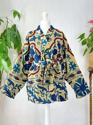 Velvet Suzani Artisan Hand Embroidered Hip Front Open Jacket | Spring Elegant Boho Gypsy | Luxury Special Gift | Pastel Beige Teal Navy - Image 3