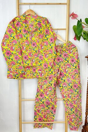 Luxury Hand Printed Indian Blockprint Pure High Quality Cotton Floral Besties BFF Pyjama Set Happy Girls Bridesmaid | Aqua Sunshine Pink - Image 3