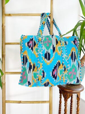 Quilted Velvet Cotton Reversible Oversize Tote Bag Beach Weekender Eco friendly Sturdy Grocery Shop Boho Summer Turquoise Blue Mustard Green - Image 3