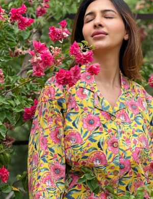 Luxury Hand Printed Indian Blockprint Pure High Quality Cotton Floral Besties BFF Pyjama Set Happy Girls Bridesmaid | Aqua Sunshine Pink - Image 4