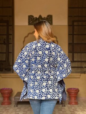 Velvet Short Hip Length Waterfall Cape Jacket Spring Boho Special Love Gift | Elegant Navy White Lotus Wave | Cruise Urban Dinner Style Coat - Image 4