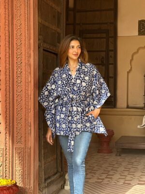 Velvet Short Hip Length Waterfall Cape Jacket Spring Boho Special Love Gift | Elegant Navy White Lotus Wave | Cruise Urban Dinner Style Coat - Image 5