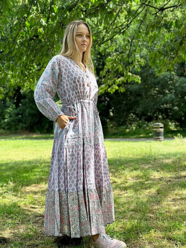 Pure Cotton Long Maxi Dress Indian Block Print Pastel Summer Earthy Elegant Mommy Comfy Daywear Beach Outfit Grey Aqua Blue Pink Hue