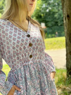 Pure Cotton Long Maxi Dress Indian Block Print Pastel Summer Earthy Elegant Mommy Comfy Daywear Beach Outfit Grey Aqua Blue Pink Hue - Image 3