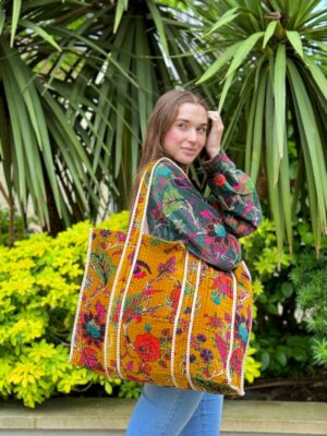 Quilted Velvet Cotton Reversible Extra Large Tote Bag Beach Weekender Eco friendly Sustainable Sturdy Grocery Shopping Ochre Mustard Lime - Image 3