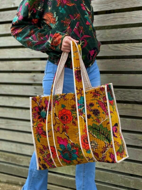 Quilted Velvet Cotton Reversible Extra Large Tote Bag Beach Weekender Eco friendly Sustainable Sturdy Grocery Shopping Ochre Mustard Lime