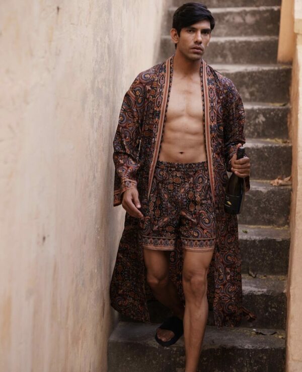 Men's Silk Boho Kimonos Man House Beach Artist Robe- Digital Midnight Wanderer With Boxer