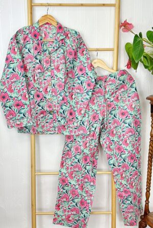Luxury Hand Printed Indian Blockprint Pure High Quality Cotton Floral Besties BFF Pyjama Set Happy Girls Bridesmaid | Aqua Sunshine Pink - Image 2