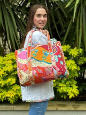 Quilted Cotton Handprint Reversible Large Tote Bag Eco friendly Handmade Sturdy Shopping Artist Boho | Orange Royal Blue Japanese Abstract - Image 4
