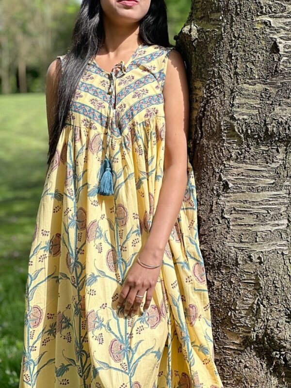 Pure Cotton Long Maxi Dress Indian Block Print Sleeveless Summer Pretty Daywear Outfit Earthen Goddess Nature Boho Vibes Custard Teal