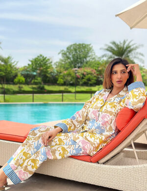 Colour Garden Hand Printed Indian Blockprint Pure Cotton leopard Pyjama Set | Spring White Yellow Desire  Burst Art - Image 2