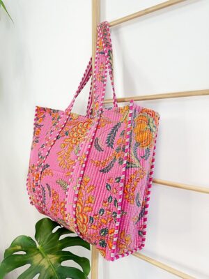 Quilted Velvet Cotton Reversible Oversize Tote Bag Beach Weekender Eco friendly Sustainable Sturdy Grocery Shop Boho Summer Hotpink Floral - Image 2