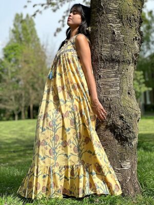 Pure Cotton Long Maxi Dress Indian Block Print Sleeveless Summer Pretty Daywear Outfit Earthen Goddess Nature Boho Vibes Custard Teal - Image 2