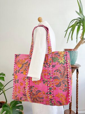 Quilted Velvet Cotton Reversible Oversize Tote Bag Beach Weekender Eco friendly Sustainable Sturdy Grocery Shop Boho Summer Hotpink Floral - Image 3