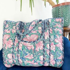 Quilted Cotton Handprint Reversible Large Tote Bag Eco friendly Grocery Shopping Handmade Artist Boho Carry All Aqua Pink Hibiscus Botanical - Image 4
