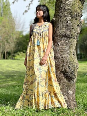 Pure Cotton Long Maxi Dress Indian Block Print Sleeveless Summer Pretty Daywear Outfit Earthen Goddess Nature Boho Vibes Custard Teal - Image 3