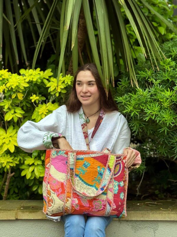 Quilted Cotton Handprint Reversible Large Tote Bag Eco friendly Handmade Sturdy Shopping Artist Boho | Orange Royal Blue Japanese Abstract