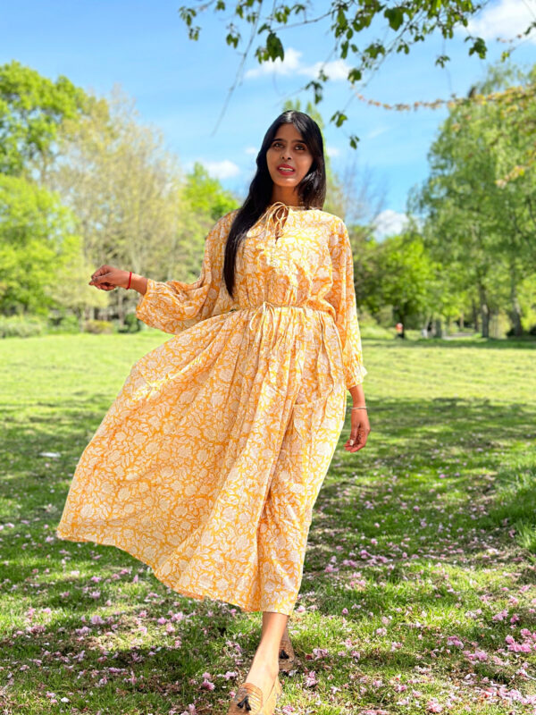 Pure Cotton Long Dress Indian Block Print Colourful Summer Earthy Elegant Comfy Daywear Beach Outfit Mustard Turmeric Yellow White Floral