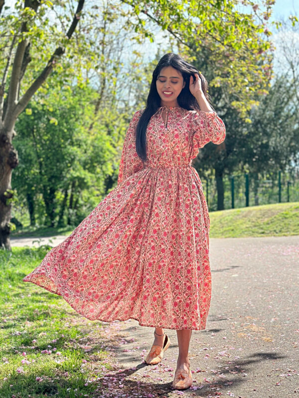 Pure Cotton Long Dress Indian Block Print Colourful Summer Earthy Elegant Comfy Daywear Beach Outfit Pastel Rose Peach Beige Pink Floral