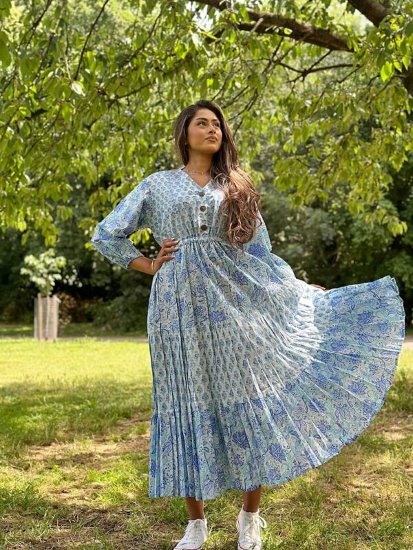 Pure Cotton Long Maxi Dress Indian Block Print Pastel Summer Earthy Elegant Mommy Comfy Daywear Beach Outfit Grey Aqua Blue Pink Hue