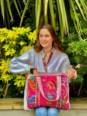 Quilted Cotton Handprinted Reversible Large Pink Bohemian Tote Bag | Eco friendly Sturdy Grocery Shopping | Handmade Artist Boho Carry All - Image 4