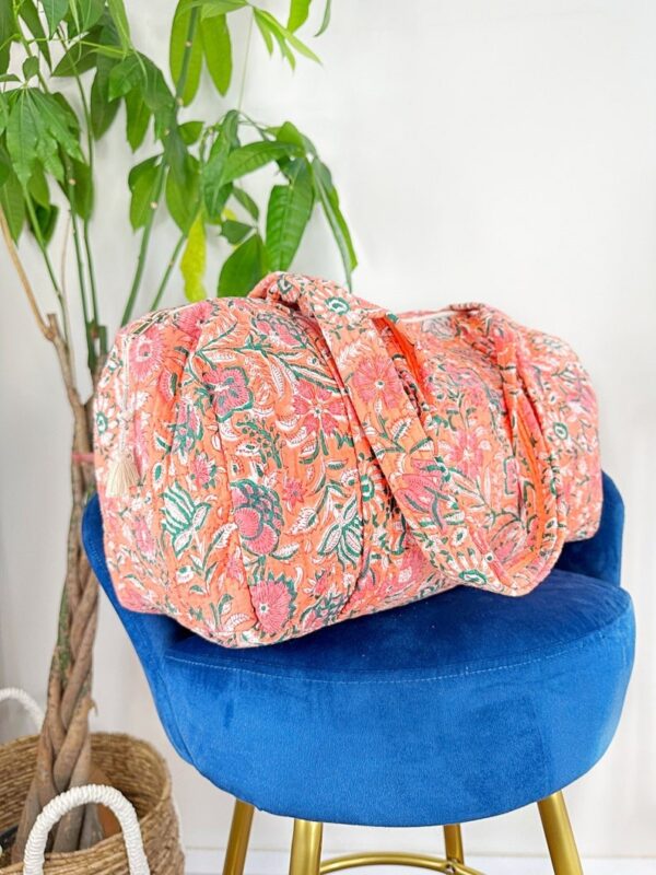 Quilted Duffle Tote Shoulder Bag Cotton Peach Orange Pink Floral Eco friendly Sustainable Sturdy Yoga Shopping Beach Artist Boho Weekender