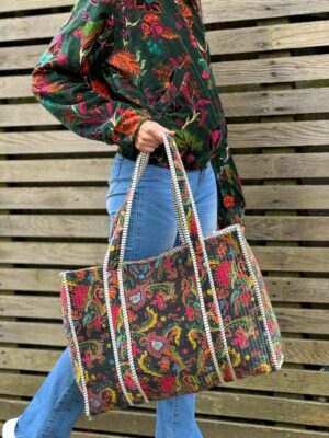 Quilted Velvet Cotton Reversible Oversize Tote Bag Beach Pouch Weekender Sustainable Sturdy Shopping Boho Summer Grey Multi Paisley Neon - Image 3