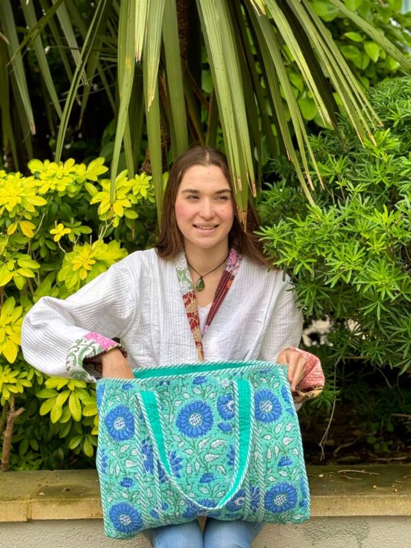 Quilted Cotton Handprinted Reversible Large Tote Bag Eco friendly Sturdy Grocery Shopping Handmade Artist Boho Carry All Aqua Blue White
