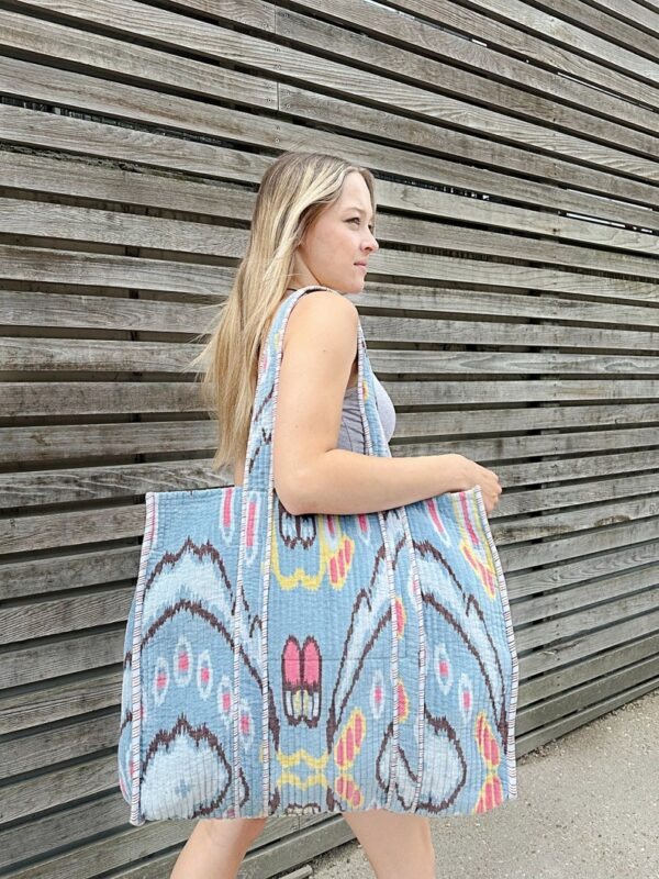 Quilted Velvet Cotton Reversible Oversize Tote Bag Beach Weekender Eco friendly Sustainable Sturdy Grocery Shop Boho Summer Grey Ikat