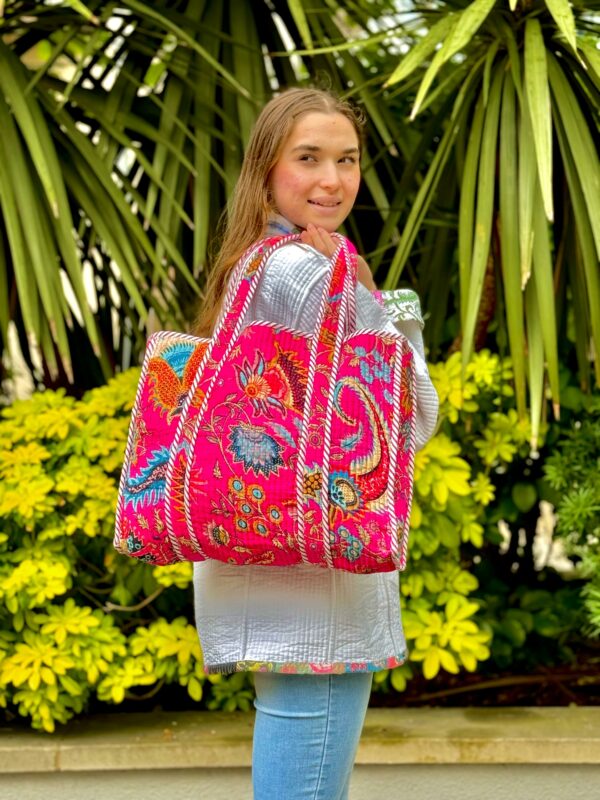Quilted Cotton Handprinted Reversible Large Pink Bohemian Tote Bag | Eco friendly Sturdy Grocery Shopping | Handmade Artist Boho Carry All