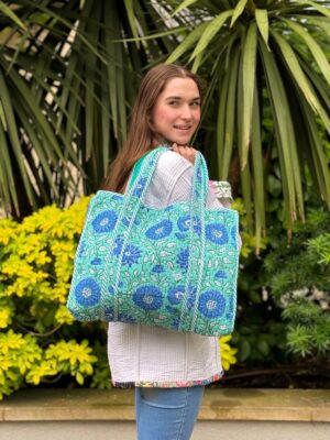 Quilted Cotton Handprinted Reversible Large Tote Bag Eco friendly Sturdy Grocery Shopping Handmade Artist Boho Carry All Aqua Blue White - Image 4