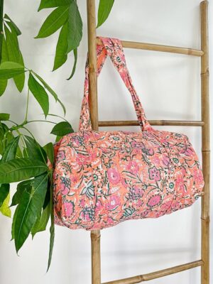 Quilted Duffle Tote Shoulder Bag Cotton Peach Orange Pink Floral Eco friendly Sustainable Sturdy Yoga Shopping Beach Artist Boho Weekender - Image 2
