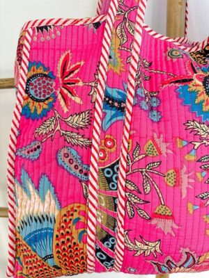 Quilted Cotton Handprinted Reversible Large Pink Bohemian Tote Bag | Eco friendly Sturdy Grocery Shopping | Handmade Artist Boho Carry All - Image 2