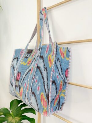 Quilted Velvet Cotton Reversible Oversize Tote Bag Beach Weekender Eco friendly Sustainable Sturdy Grocery Shop Boho Summer Grey Ikat - Image 2