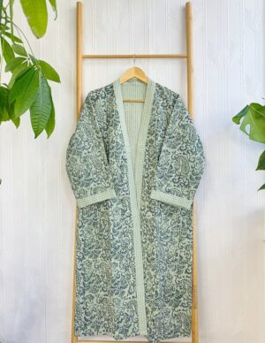 Pure Waffle Cotton Handprinted House Bath Dress Robe Summer Kimono | Floral Spa Beach Coverup | Spring Sage Green Paisley Navy Mughal Dream - Image 2