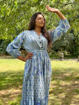 Pure Cotton Long Maxi Dress Indian Block Print Pastel Summer Earthy Elegant Mommy Comfy Daywear Beach Outfit Grey Aqua Blue Pink Hue - Image 2