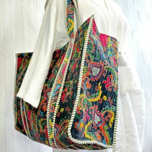 Quilted Velvet Cotton Reversible Oversize Tote Bag Beach Pouch Weekender Sustainable Sturdy Shopping Boho Summer Grey Multi Paisley Neon - Image 4
