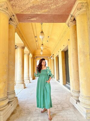 Embroidered Daisy Floral Pure Cotton Long Smocking Dress Boho Chic Colourful Summer Elegant Comfy Daywear Mom Outfit Soft Green Leaf White - Image 4