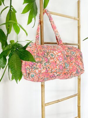 Quilted Duffle Tote Shoulder Bag Cotton Peach Orange Pink Floral Eco friendly Sustainable Sturdy Yoga Shopping Beach Artist Boho Weekender - Image 3