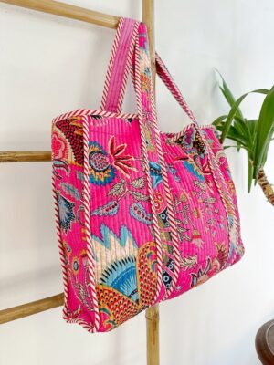Quilted Cotton Handprinted Reversible Large Pink Bohemian Tote Bag | Eco friendly Sturdy Grocery Shopping | Handmade Artist Boho Carry All - Image 3