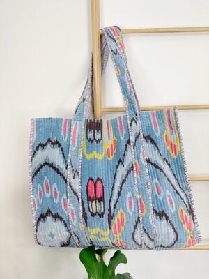 Quilted Velvet Cotton Reversible Oversize Tote Bag Beach Weekender Eco friendly Sustainable Sturdy Grocery Shop Boho Summer Grey Ikat - Image 3
